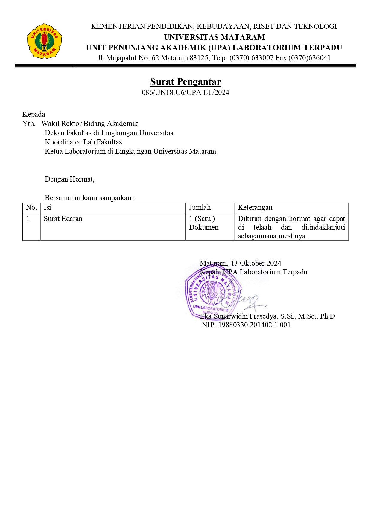 Surat Edaran Sistem Uniport untuk Layanan Laboratorium Terpadu Universitas Mataram